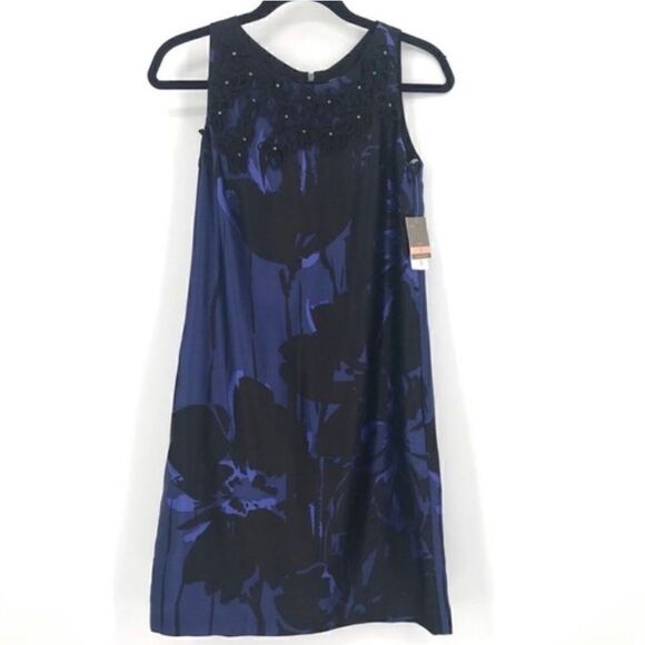 Taylor 100% Silk Floral A-Line Dress Rhinestones Sleeveless Women 2 Blue Black - Picture 1 of 8